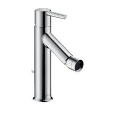 Single lever bidet mixer with pin handle and pop-up waste set