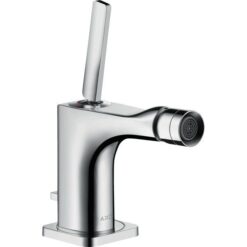 Single lever bidet mixer with pin handle and pop-up waste set